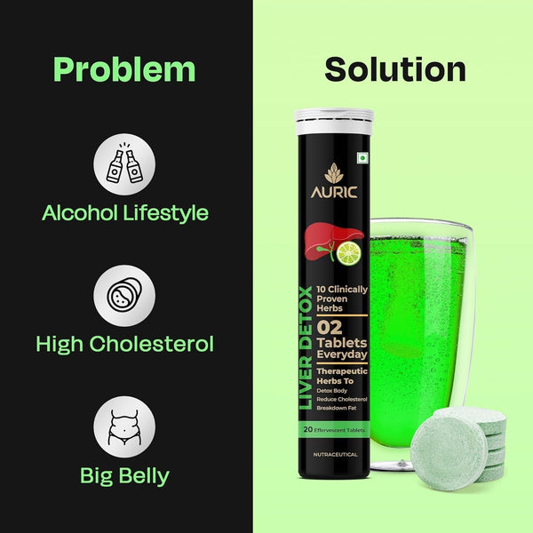 Auric Liver Detox Effervescent Fizzy Water with 10 Ayurvedic Herbs Drop, Dissolve, Fizz, Drink 60 Tablets