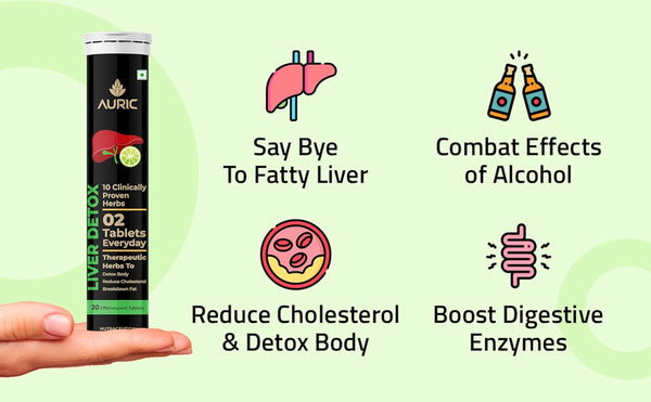 Auric Liver Detox Effervescent Fizzy Water with 10 Ayurvedic Herbs Drop, Dissolve, Fizz, Drink 60 Tablets